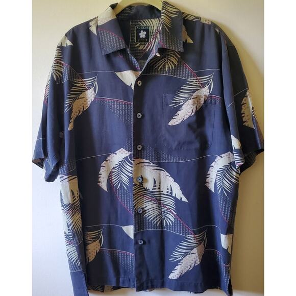 Aureus Mens Navy Blue Silk Hawaiian Shirt Golden Palm Fronds Sz M EUC DH2139 - Picture 1 of 10